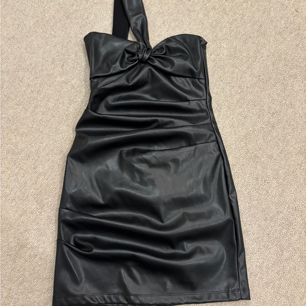 Nookie Elegant Leather Black One Shoulder Dress